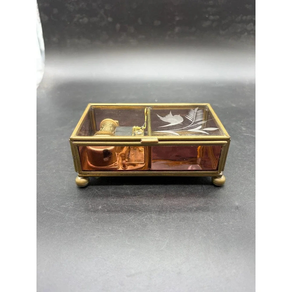 Vintage Sankyo Glass Brass Music Box Etched Bird Pink Rose Send in the Clowns